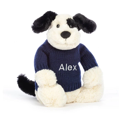 Bashful Rufferty Black & Cream Puppy with Personalised Navy Jumper